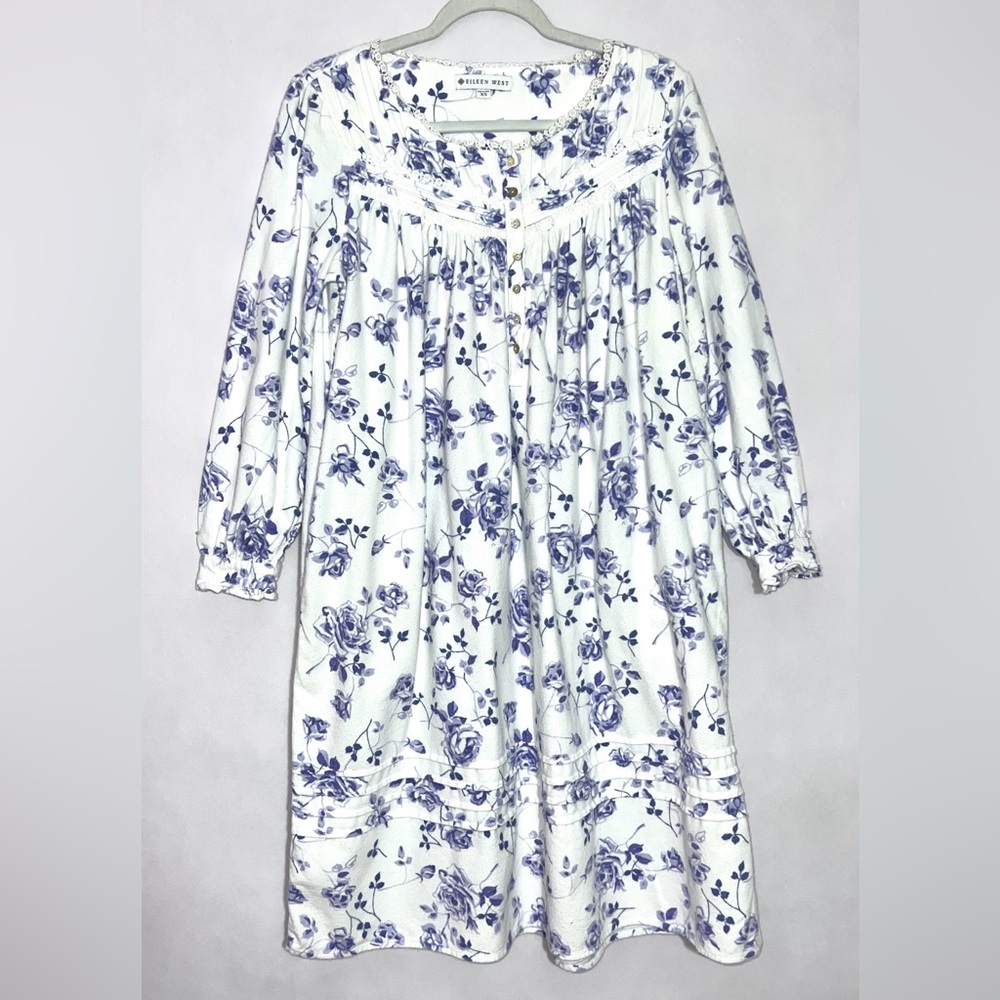 Eileen West Romantic Blue Floral 100% COTTON‎ Flannel Long SIv Lace Nightgown XS